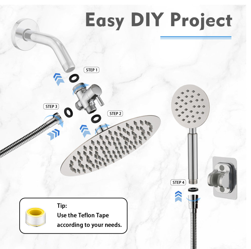 Full Metal Round Hand Shower, High Pressure 8'' Stainless Steel Rain Shower Set, Chrome