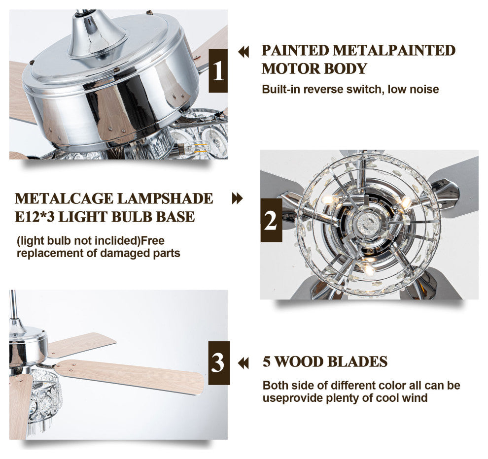 52" Modern Silver Crystal Ceiling Fan 6-speed with Dimmable Light and Remote, Chrome, 52"