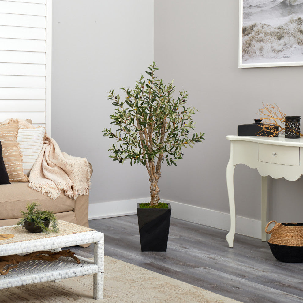 4.5' Olive Artificial Tree, Black Metal Planter