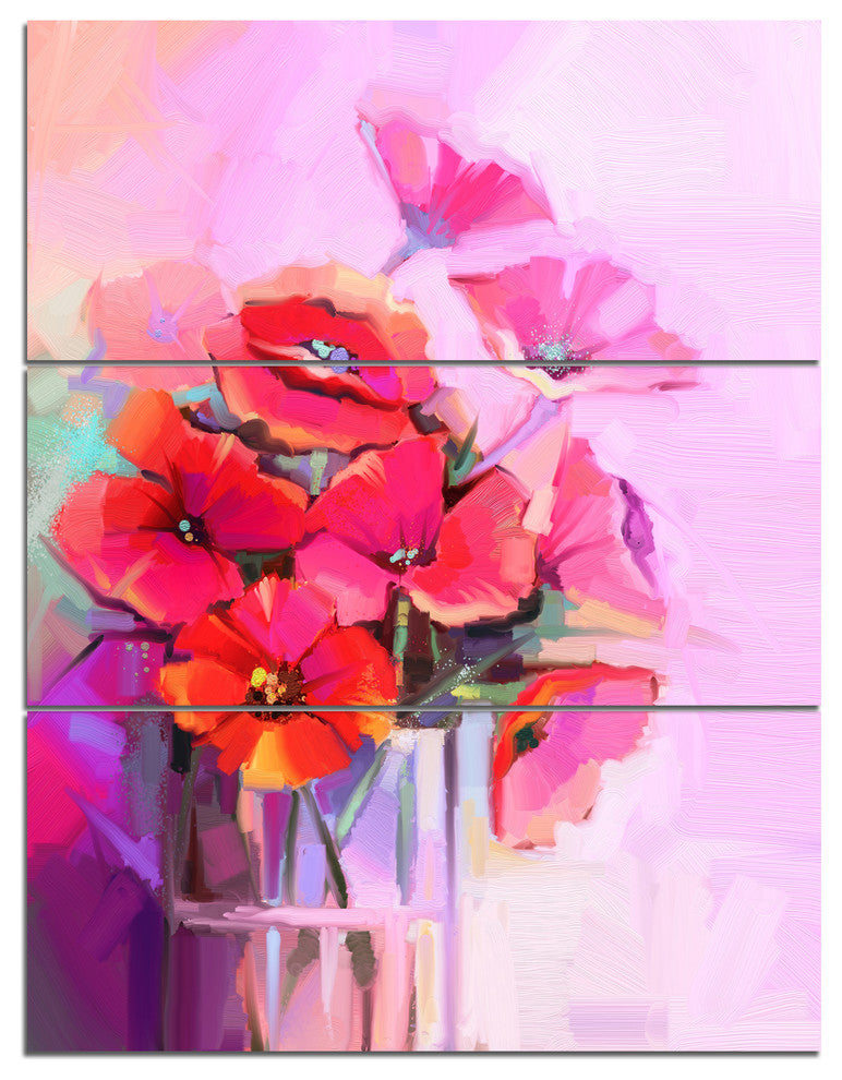 Bouquet of Poppies in Glass Vase, Floral Canvas Art Print, 28x36, 3 Panels