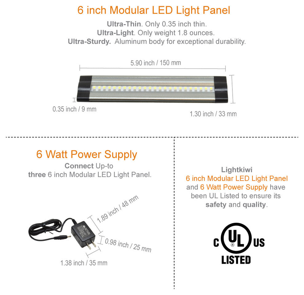 Lightkiwi V8450 6" Warm White Modular LED Under Cabinet Lighting 1-Panel Kit