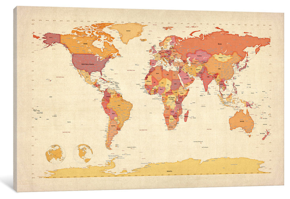 "Map of The World VII" by Michael Tompsett, Canvas Print, 18x12"