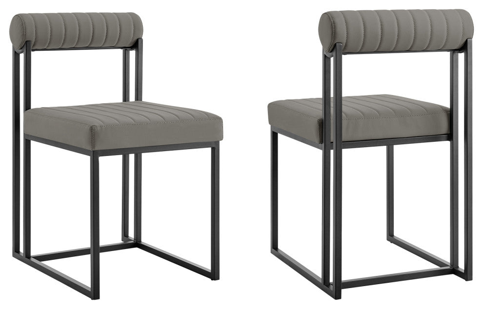 Anastasia Set of 2 Dining Chairs, Matte Black Iron and Light Gray Faux Leather