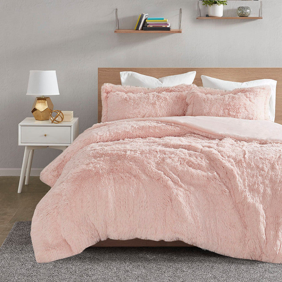 Intelligent Design Malea Shaggy Fur Duvet Cover Set, Blush
