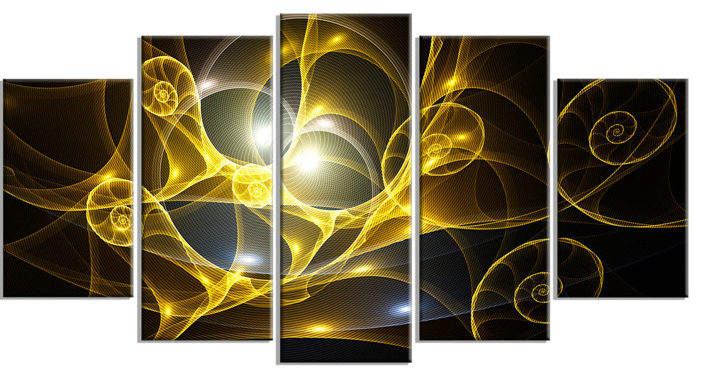 Golden Curly Spiral on Black, Contemporary Wall Art Canvas, 60"x32", 5 Panels