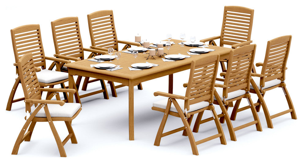 9-Piece Outdoor Teak Dining Set: 83" Rectangle Table, 8 Ashley Folding Arm Chair
