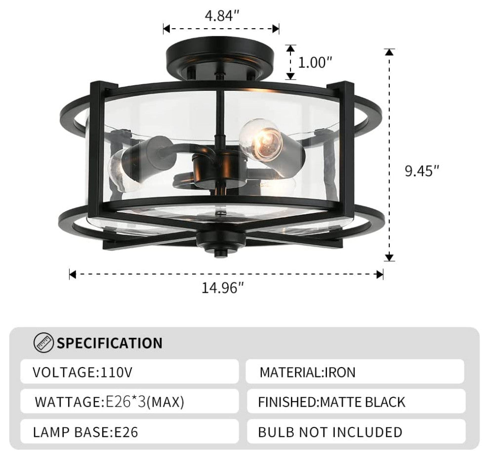 3 Light Industrial Semi Flush Ceiling Light, Farmhouse, Black