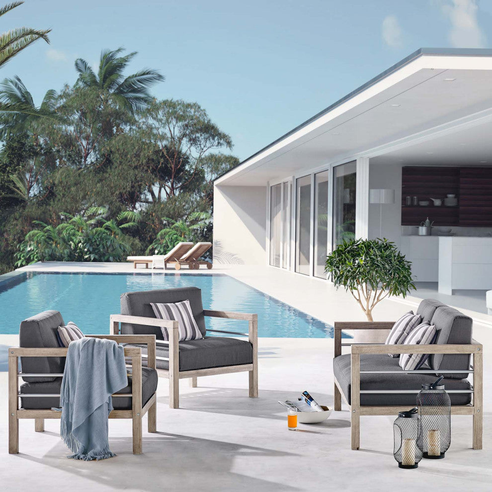 Lounge Sectional Sofa Chair Set, Wood, Gray, Modern, Outdoor Patio Cafe