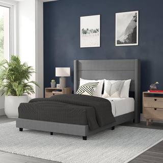 Hollis Upholstered Platform Bed with Wingback Headboard w/Mattress Foundation, Gray, Full
