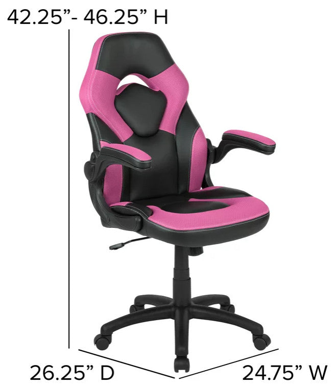 Modern Gaming Desk With Comfortable Chair, Raised Shelf & Cup Holder, Pink