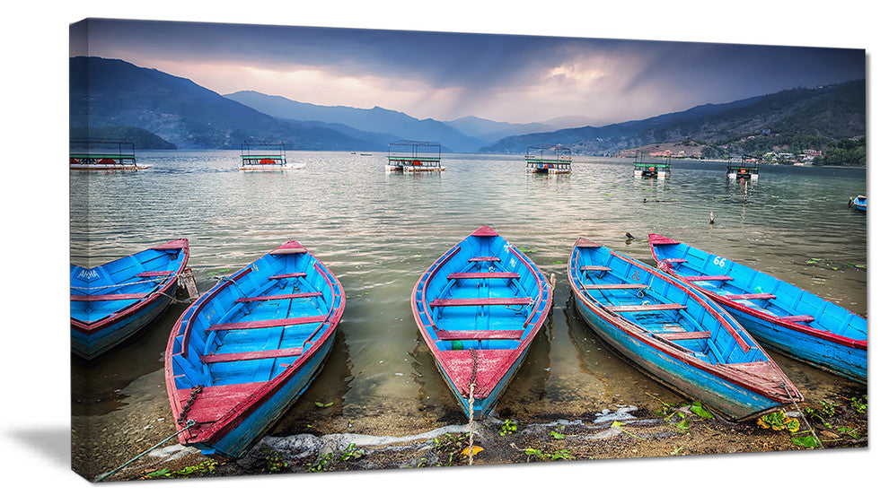 Row of Blue Boats in Pokhara Lake, Boat Canvas Art Print, 32"x16"