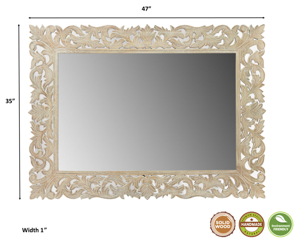 Delaney Carved Mirror, Distressed Off-White