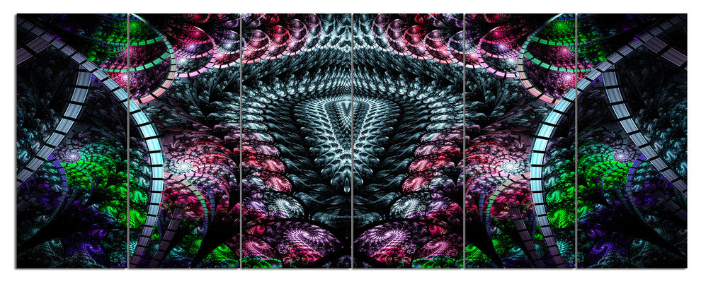 Strange Fractal Design on Black, Abstract Wall Art Canvas, 70"x28", 6 Panels