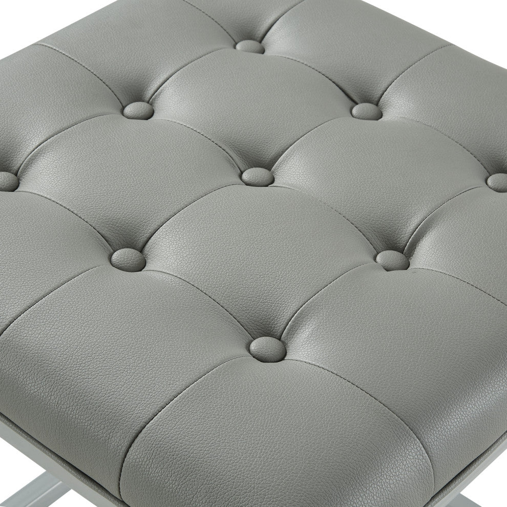 Teresa PU Leather Button Tufted Metal Frame Cube Ottoman, Gray