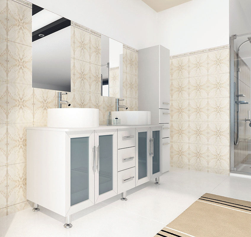 59" Double Lune White Large Vessel Sink Contemporary Bathroom Vanity Cabinet Set