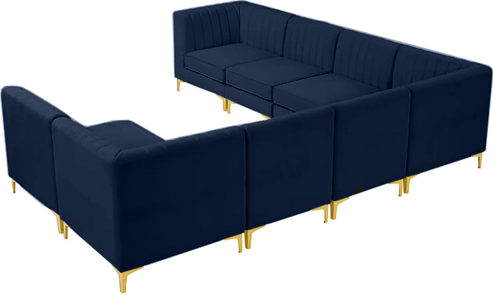 Alina Velvet Modular U-Shaped Sectional, Navy, 8-Piece: 5 Armless Chair, 3 Corner Chair