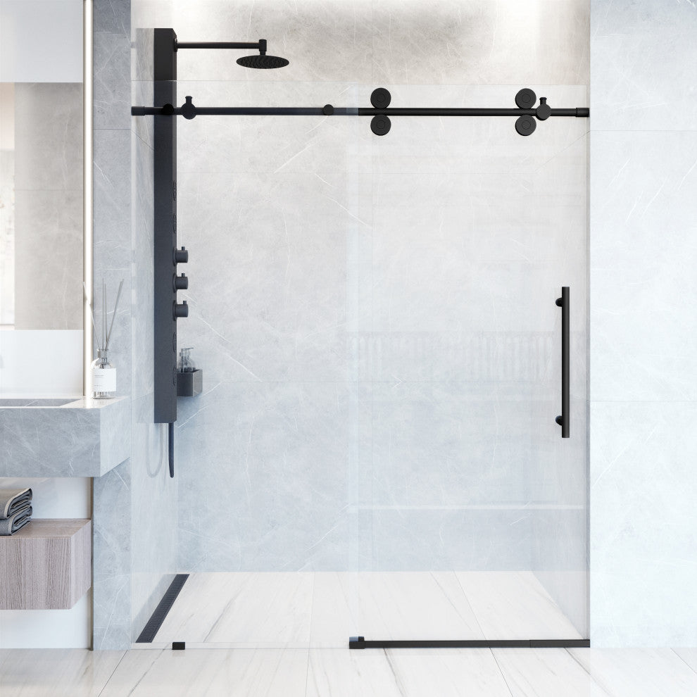 VIGO Elan 56" to 60" W x 74" H Frameless Sliding Shower Door, Matte Black, Laminated Glass