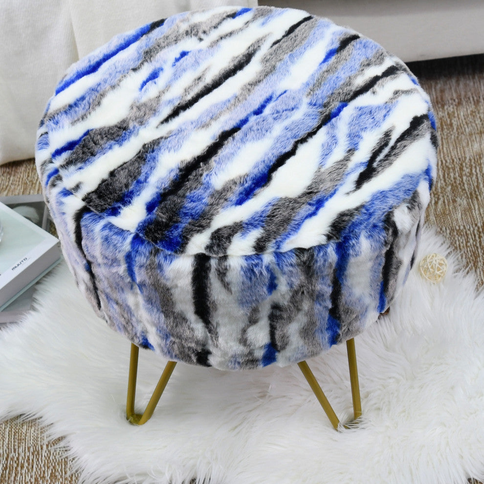 Multi Jacquard Faux Fur Round Ottoman, Blue, 18"x18"x8"