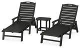 Nautical 3-Piece Chaise Lounge, Arms Set, South Beach 18" Side Table, Black