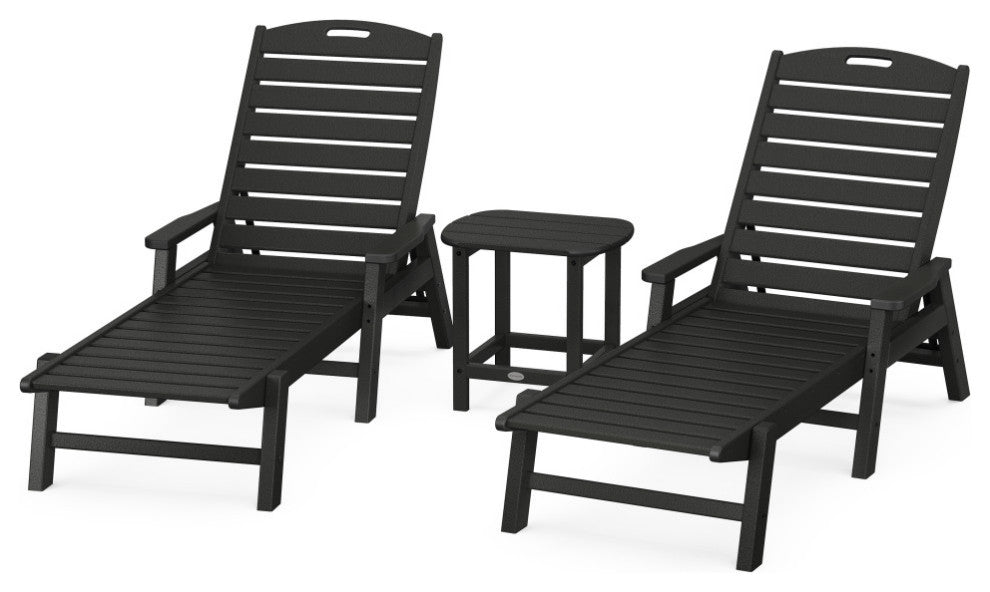 Nautical 3-Piece Chaise Lounge, Arms Set, South Beach 18" Side Table, Black
