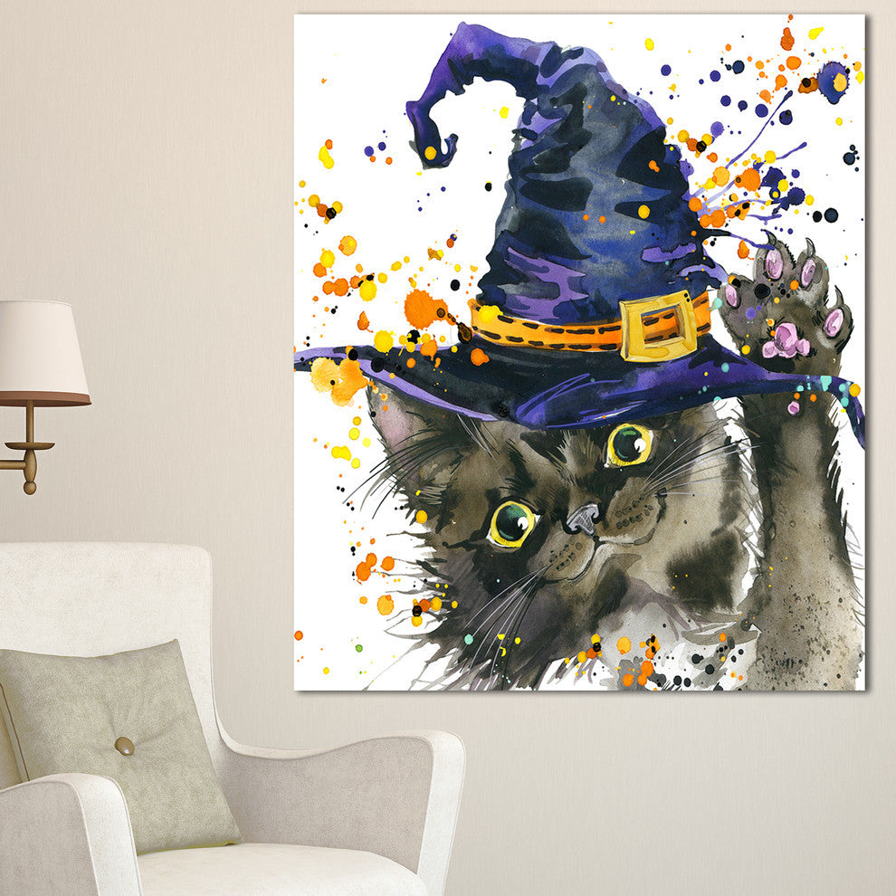 Designart Halloween Cat and Witch Hat Wall Art, 30x40, 1 Panel
