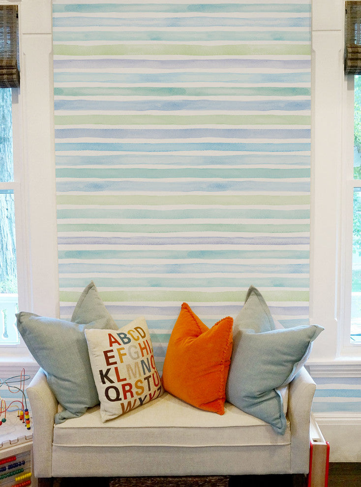 Watercolor Stripes Peel and Stick Vinyl Wallpaper, Ocean Blue, 24"w X 108"h