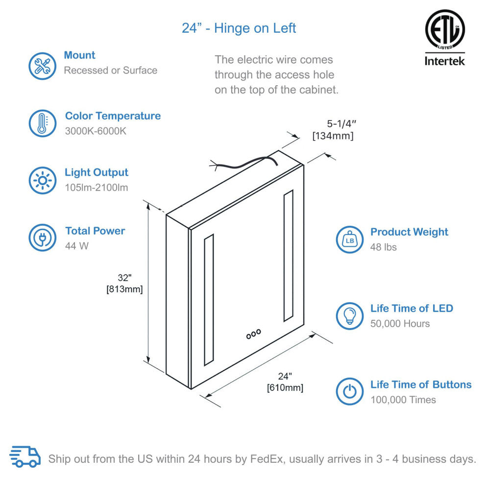 LED Mirror Medicine Cabinet With Defogger, Dimmer and Outlets, 24" Left