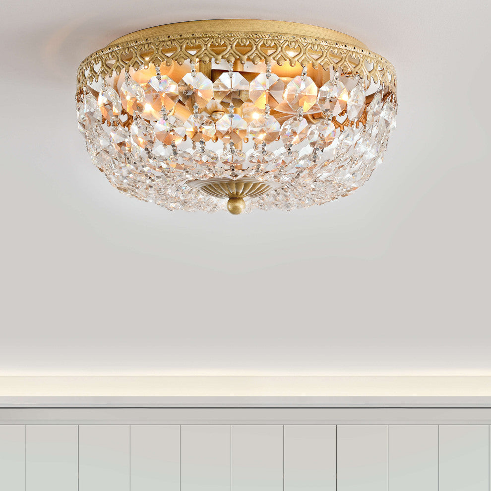 Jessica Brushed Brass 3-Light Crystal Basket Flush Mount
