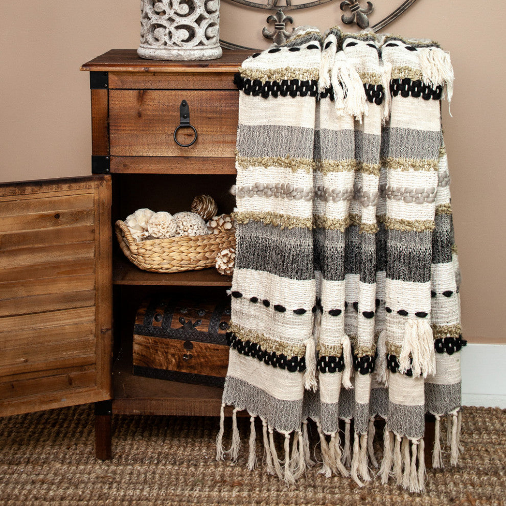 Multicolored Textured Boho Woven Handloom Throw With Tassels