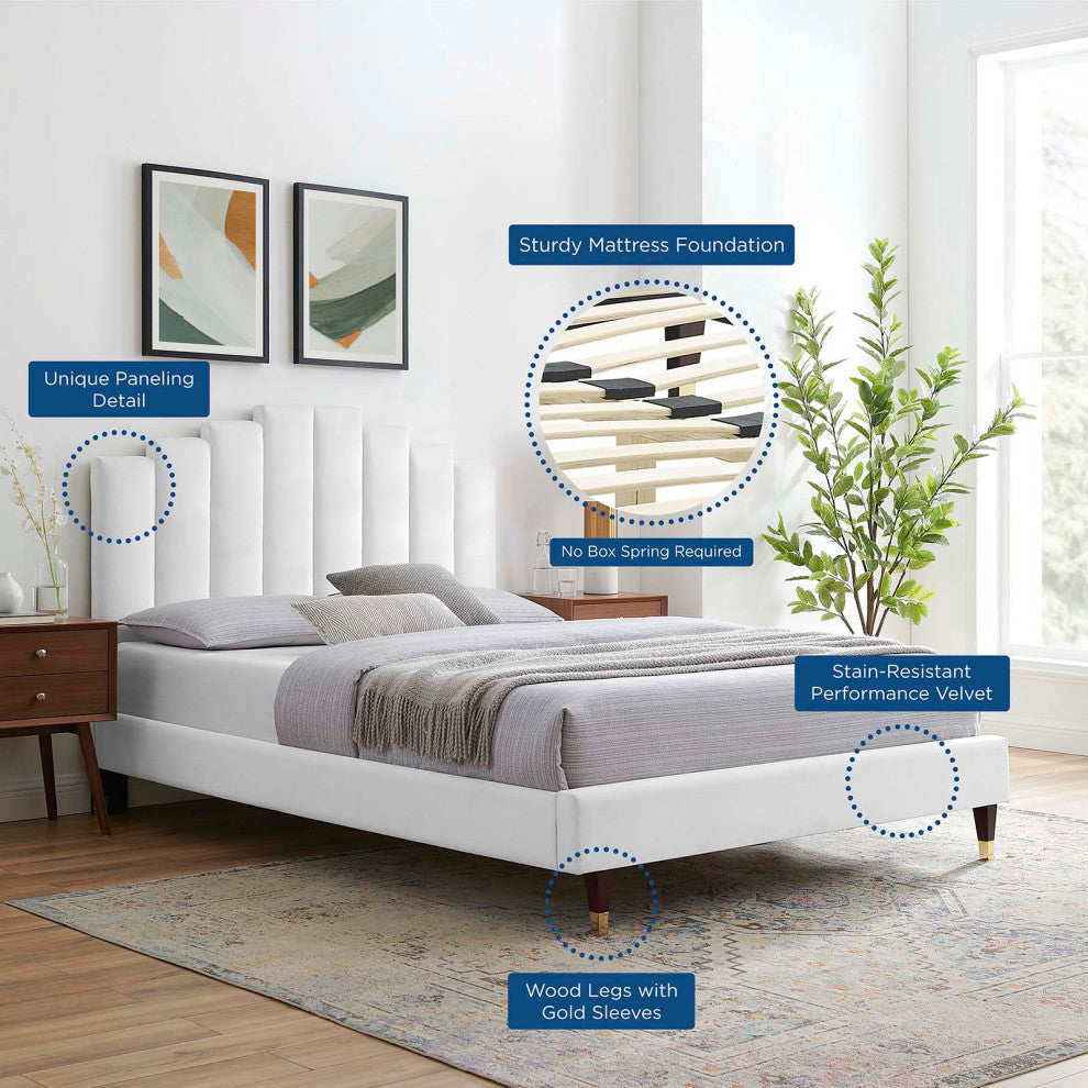 Platform Bed Frame, Full Size, Velvet, White, Modern Contemporary, Bedroom