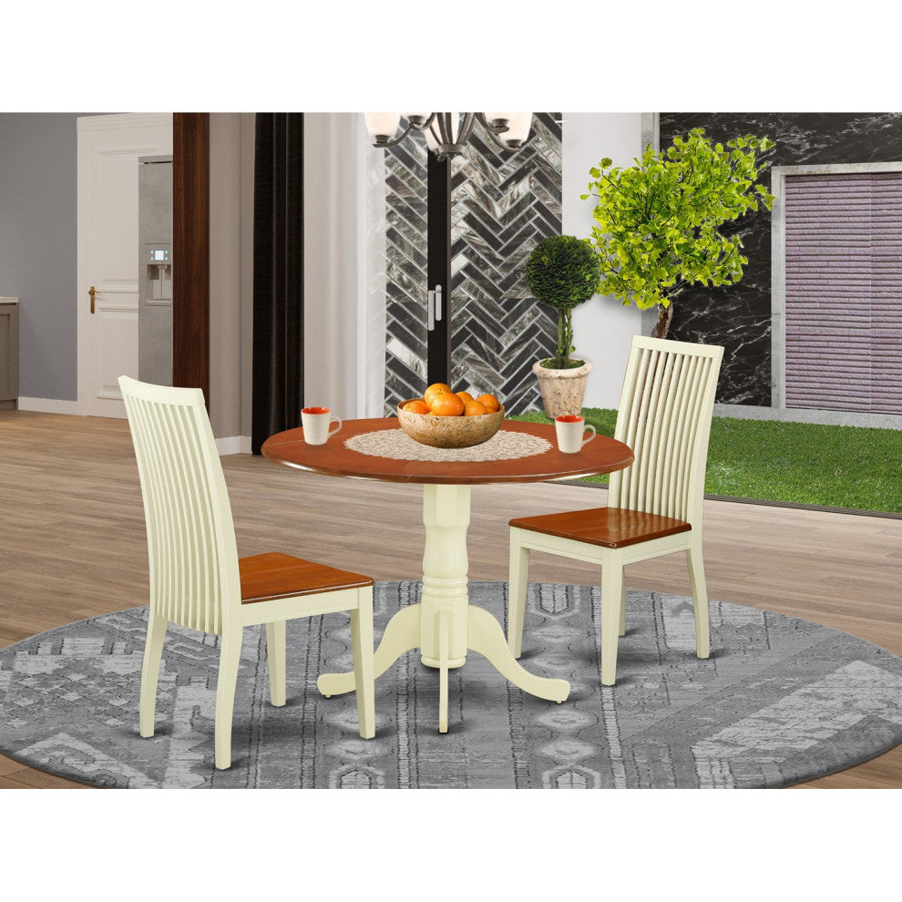 3 Pc Dublin Set -Dining Table, 2 Wood Seat Kitchen Chairs, Buttermilk & Cherry