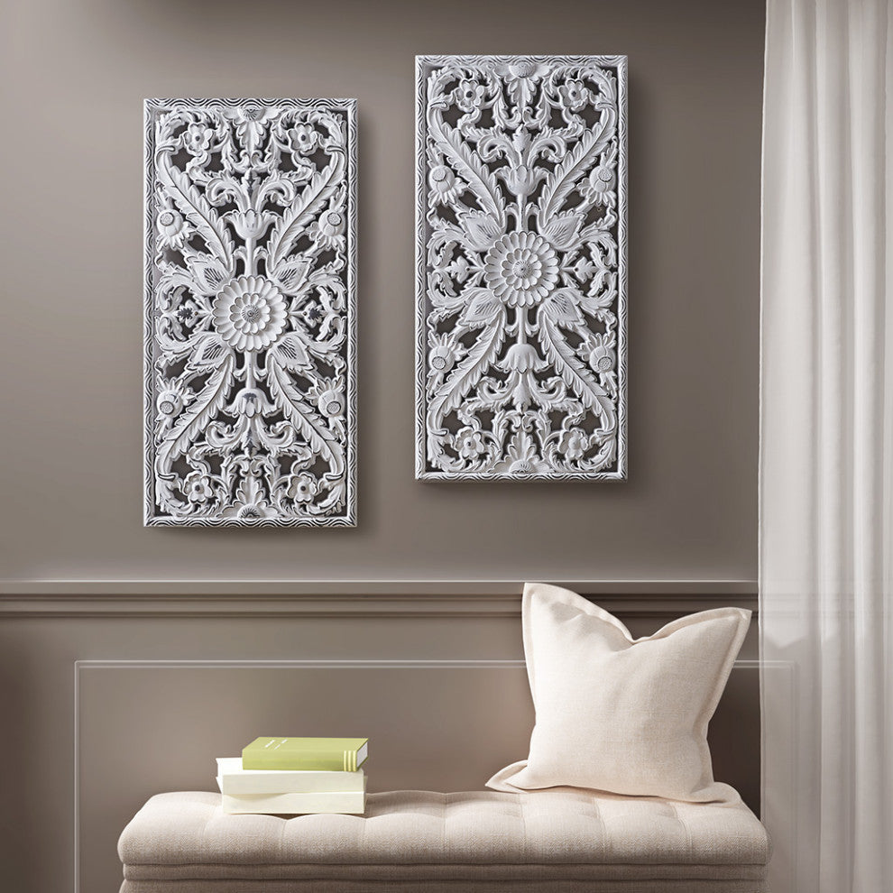 Madison Park Antique Carved Wooden Boho 2-Piece Wall Art Decor, Bronze, White