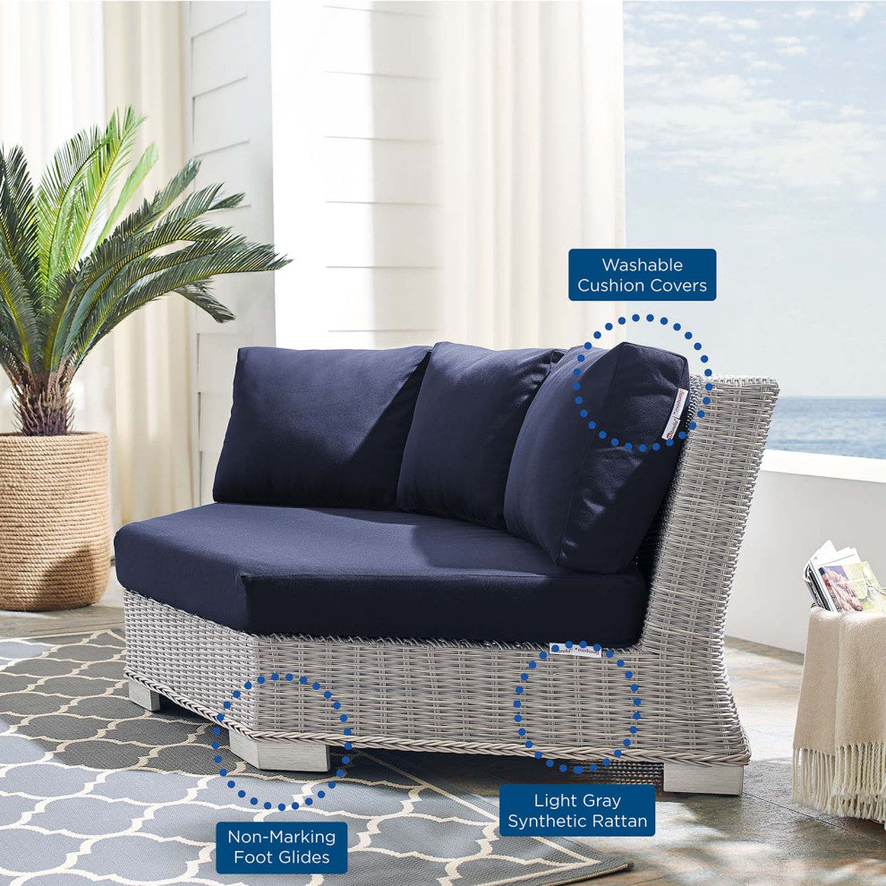 Sofa Corner Chair, Sunbrella, Round, Rattan, Gray Blue Navy, Outdoor