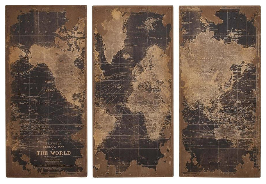 Black Wood Vintage World Map Wall, Set of 3