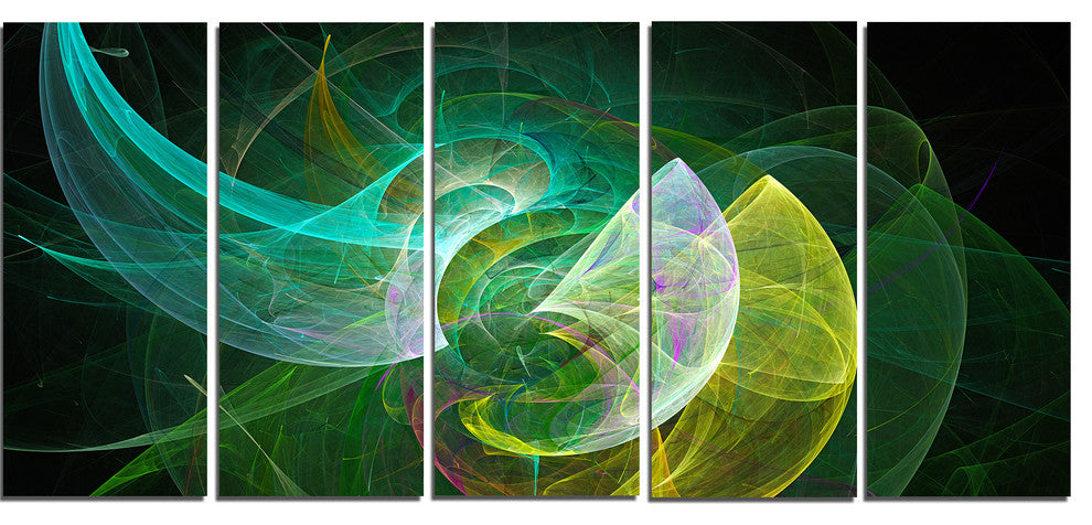 Green Mystic Psychedelic Texture, Abstract Art on Canvas, 60"x28", 5 Panels