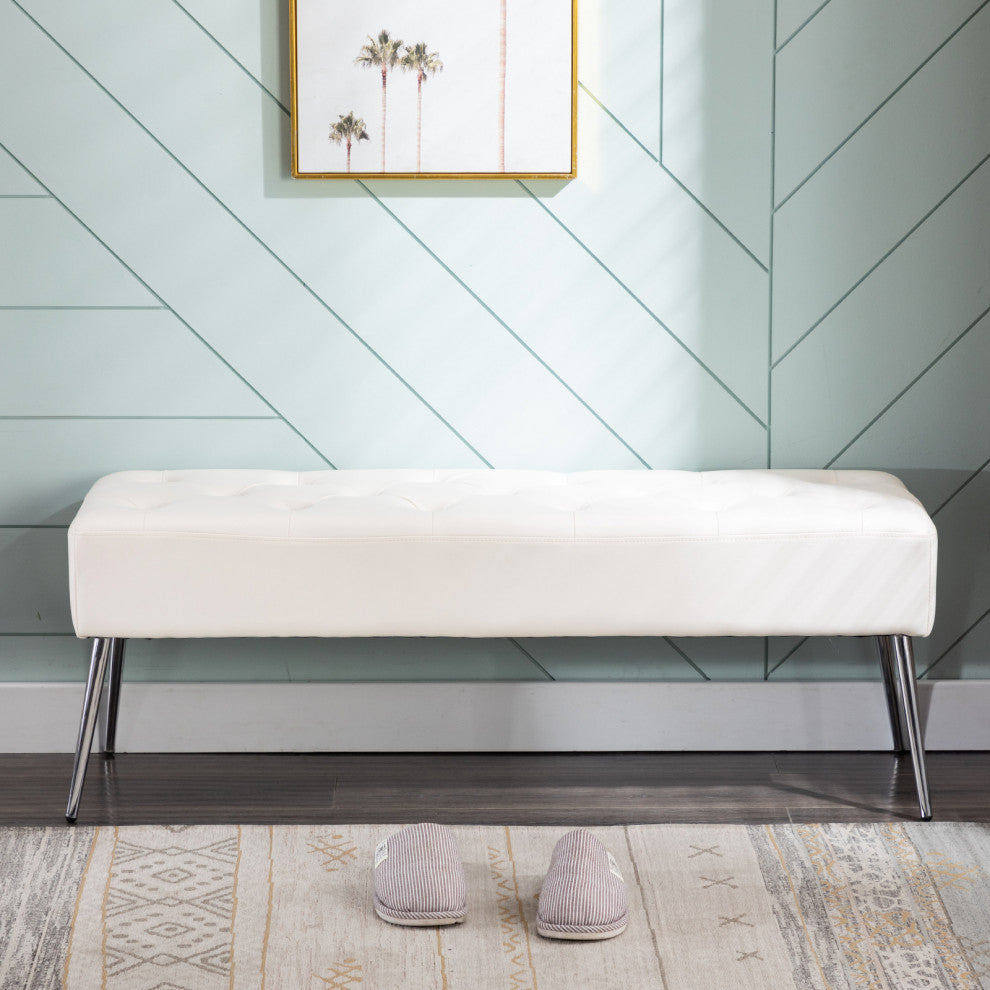 Button Tufts Bedroom Bench, White-Pu Leather