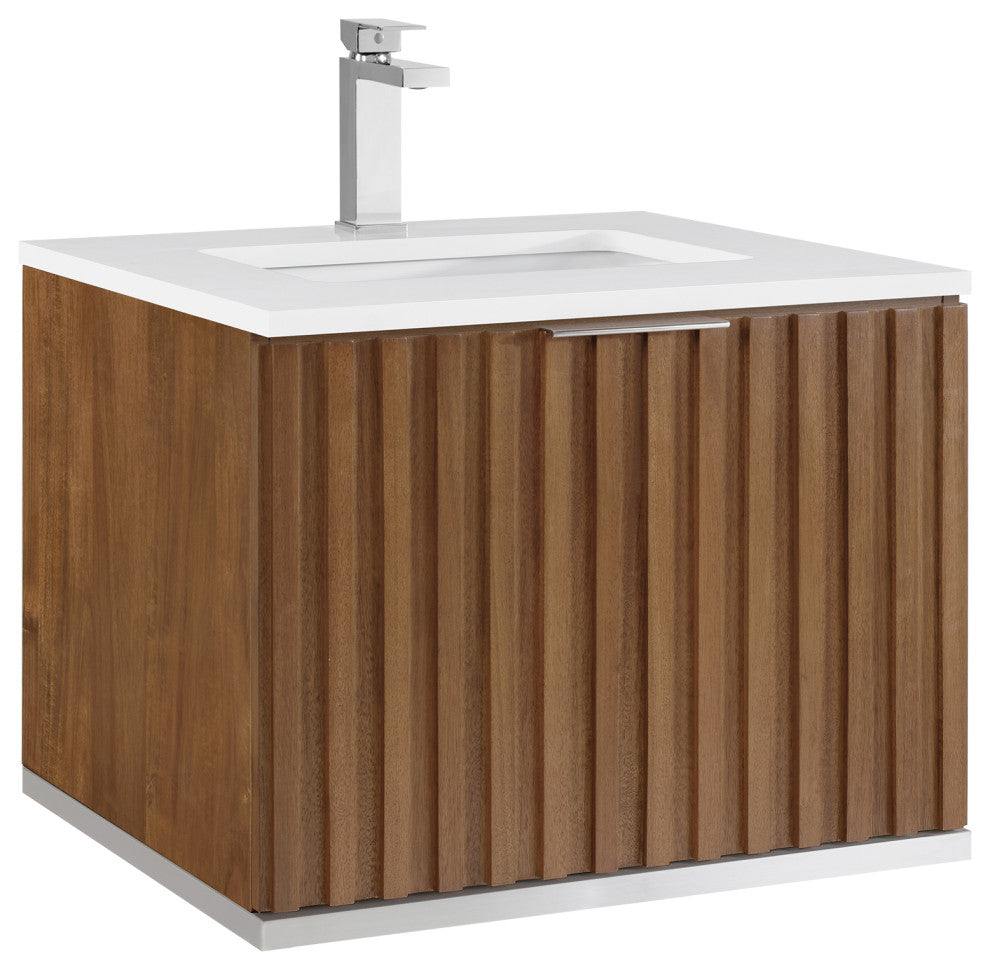 Terra Bathroom Vanity, Walnut/Brushed Nickel, 24", White Quartz Top