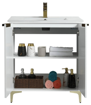 Wilmington Bath Vanity, White Matte, 30 Inch, Satin Brass Hardware