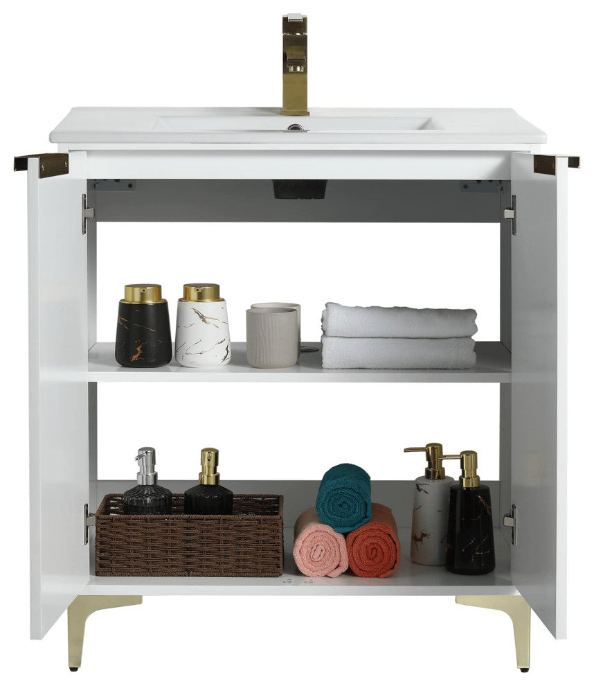 Wilmington Bath Vanity, White Matte, 30 Inch, Satin Brass Hardware
