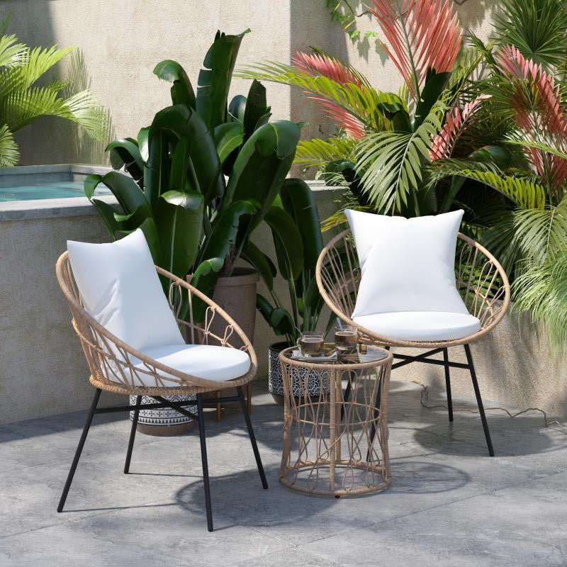 Devon 3-Piece Bistro Set, 2 Papasan Chairs w/Cushions, Glass Top Side Table, Tan