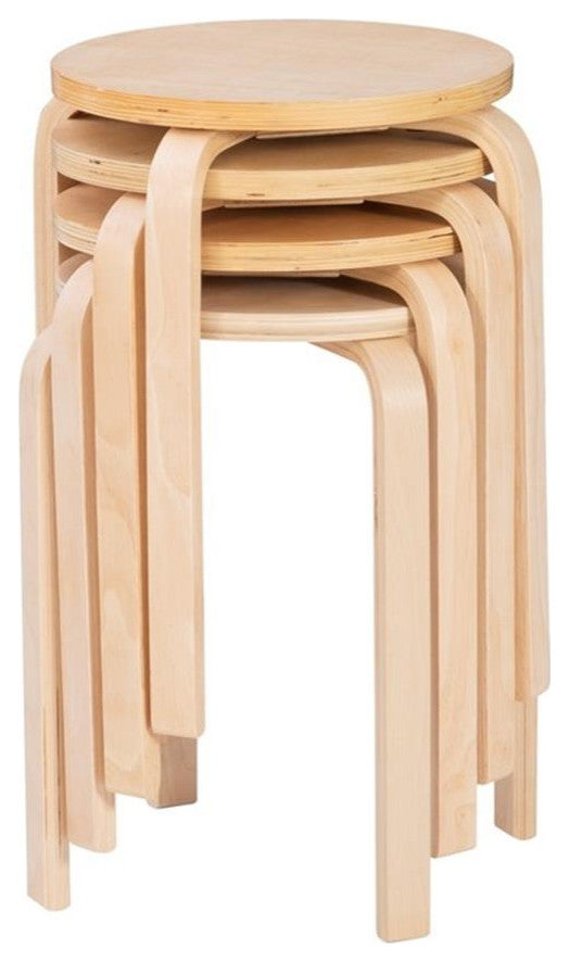 Linon Tenley Bentwood 18" Wood Round Stool in Natural Brown (Set of 4)