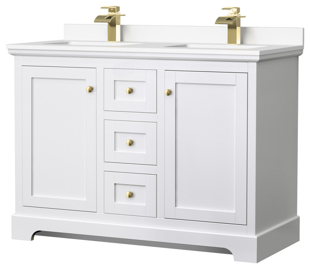 48"DBL Bath Vanity, White, White Cult. Marble Countertop, Sinks, Gold Trim