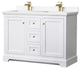 48"DBL Bath Vanity, White, White Cult. Marble Countertop, Sinks, Gold Trim