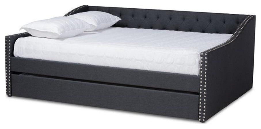 Haylie Dark Grey Fabric Upholstered Full Size Daybed With Roll-Out Trundle Bed