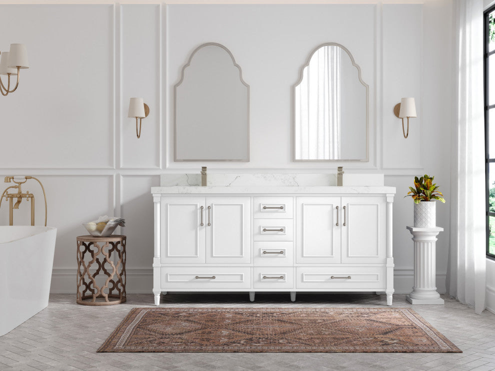 Aberdeen 72 Double Sink Bath Vanity in White 2" Calacatta Nuvo
