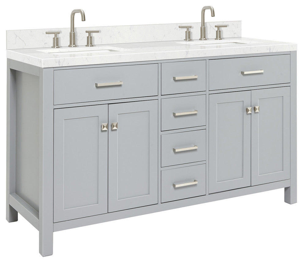 Ariel Bristol 60" Double Rectangle Sink Bathroom Vanity, Carrara Quartz
