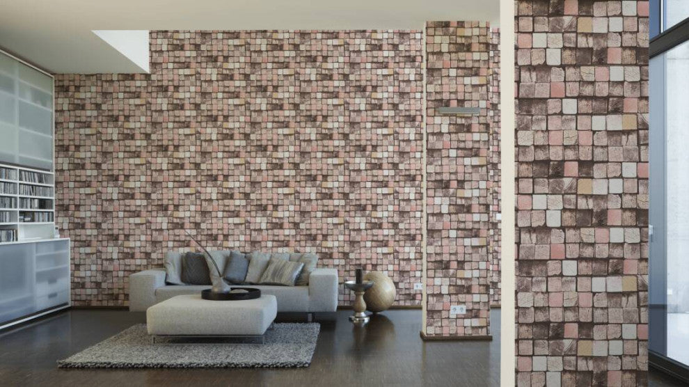 Faux Textured Wallpaper, Wood Mozaic, Brown Cream Pink, Sample