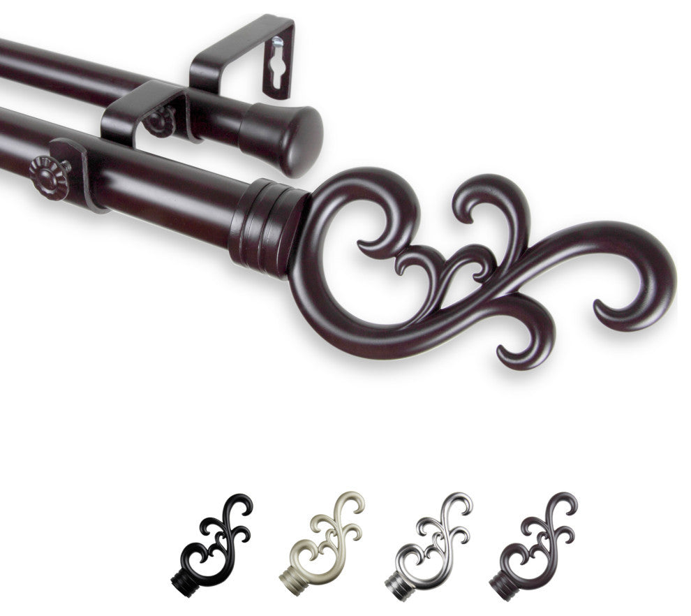 Naureen 1" Double Curtain Rod, Mahogany, 66-120"