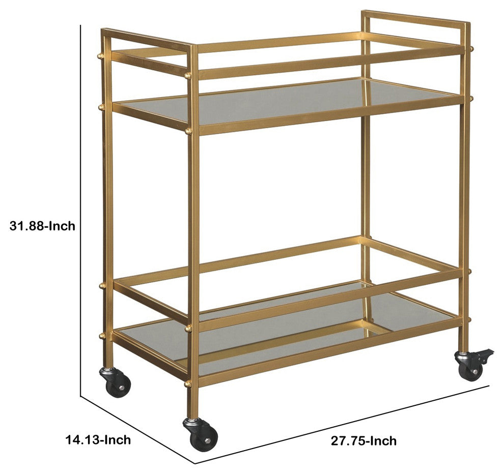 Benzara BM231915 Metal Frame Bar Cart With 2 Mirrored Shelves, Gold