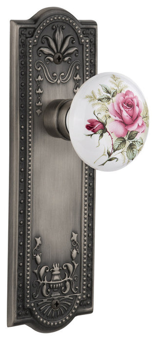 Meadows Plate Passage White Rose Porcelain Knob, Antique Pewter